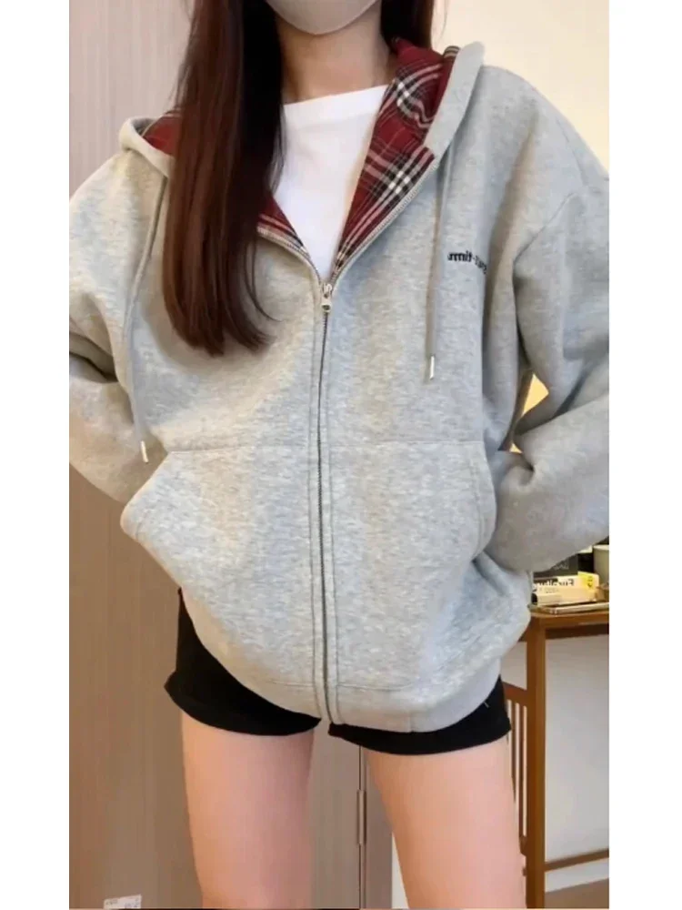 Vintage Zip Hoodie - Harajuku anni '90 Estetica Plaid Rosso